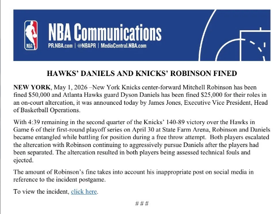 世界杯安装教程-NBA官方罚单:罗宾逊丹尼尔斯冲突各罚5万和2.5万 均无需禁赛